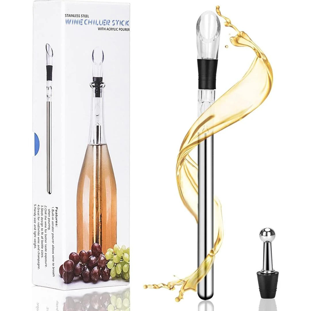 Wine lover gift set featuring steel wine chiller and aerator rod