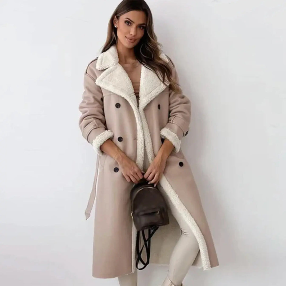 Casual classic winter outerwear for women with cozy teddy lapel and pockets.