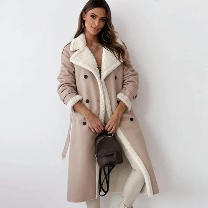 Casual classic winter outerwear for women with cozy teddy lapel and pockets.