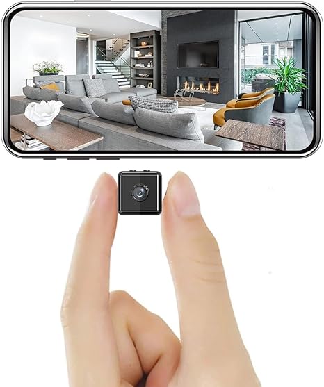 Close-up view of the small square wireless security camera lens and housing
