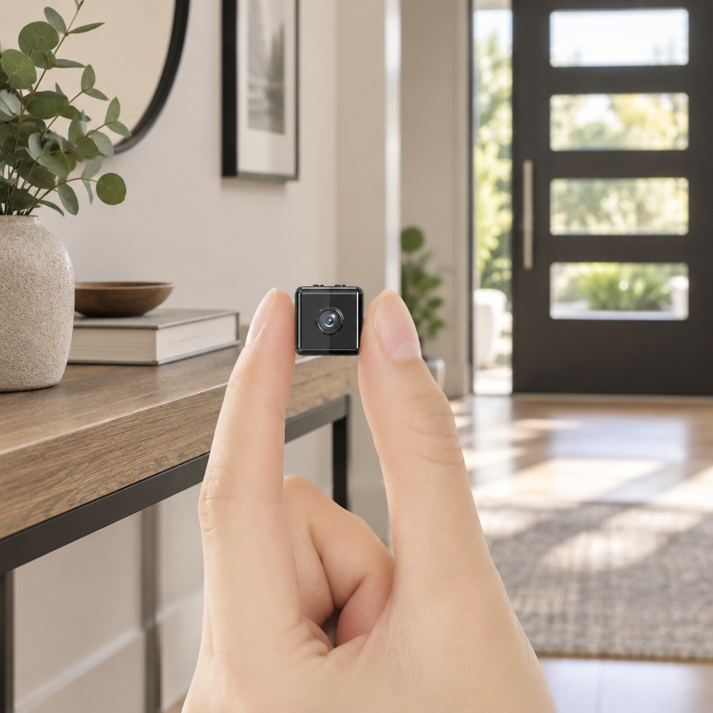 Mini wireless security camera held between fingers in a hallway
