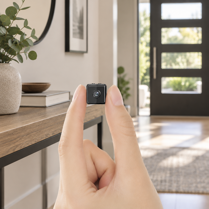 Mini wireless security camera held between fingers in a hallway