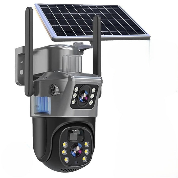 Wireless 4K security camera with attached solar panel and dual lens design
