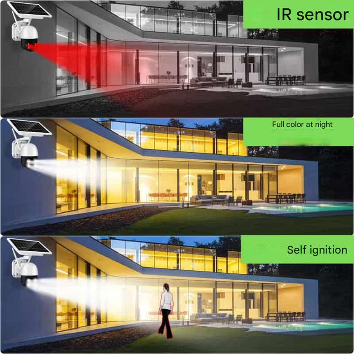 Solar powered wireless security camera installed outdoors