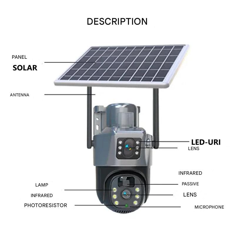 Wireless 4K security camera with dual lens and solar panel