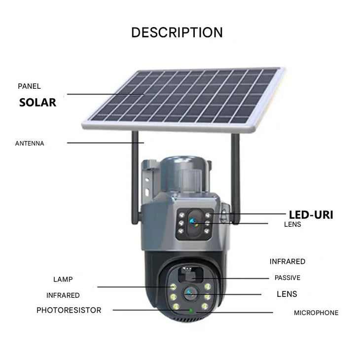 Wireless 4K security camera with dual lens and solar panel