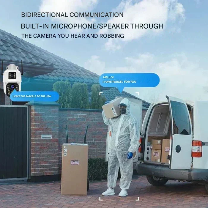 Outdoor solar security camera featuring dual lens technology