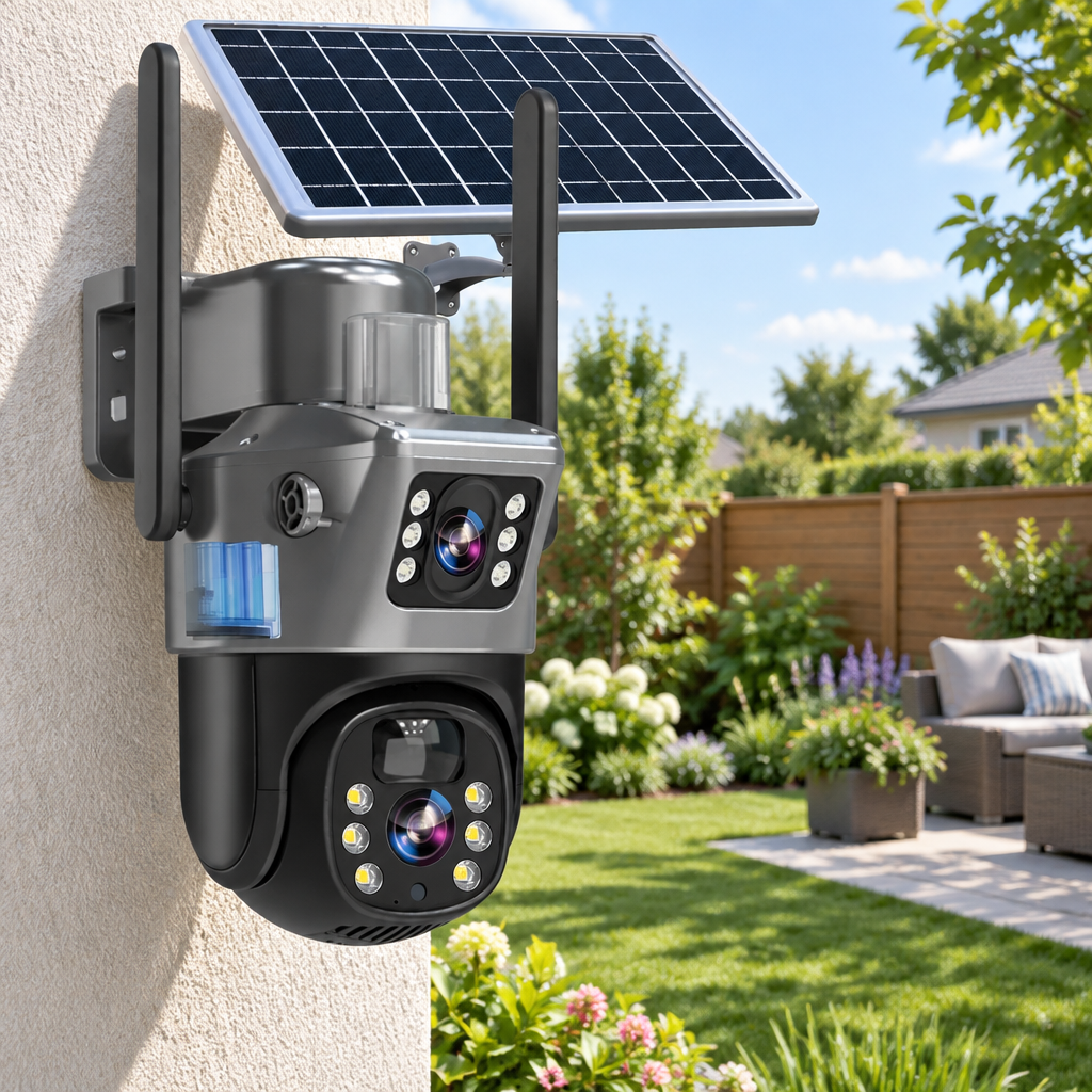 Outdoor 4K security camera mounted on a wall with solar panel