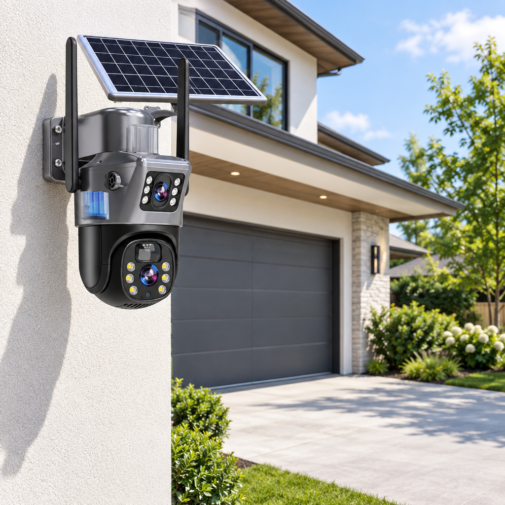 Wireless solar security camera mounted on a modern house exterior wall