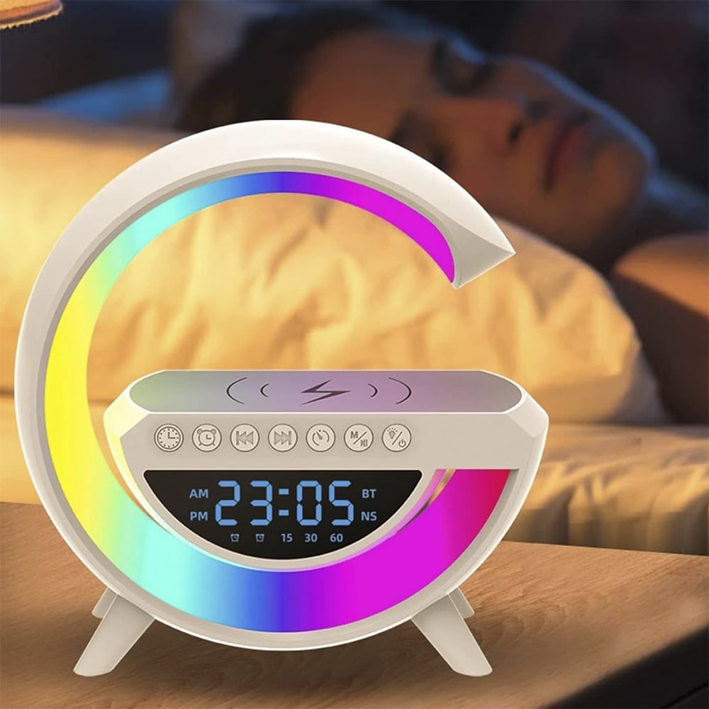 Wireless charger with Bluetooth speaker and RGB lamp on a nightstand