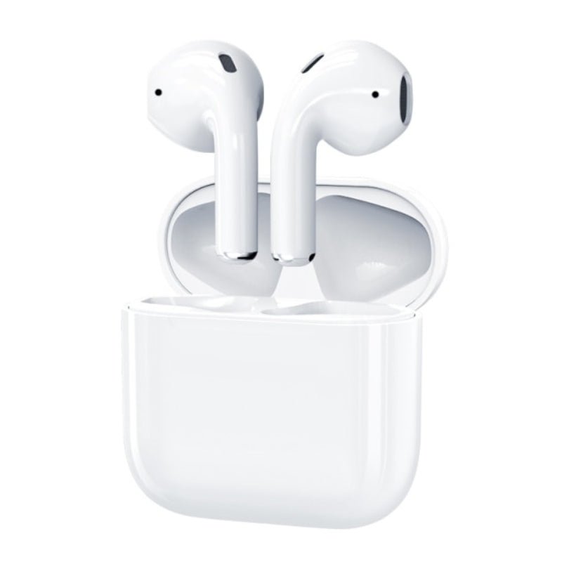 White wireless earbuds resting inside their compact open charging case