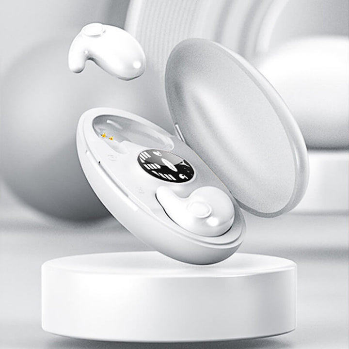Pink hi-fi sound sleep earbuds on a soft white bedsheet background