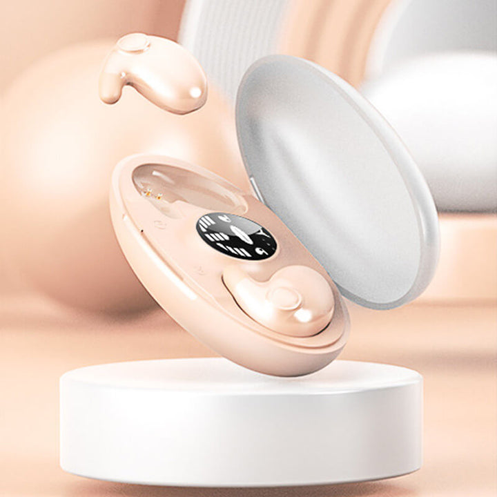 Overhead flat lay of wireless sleep earbuds set with charging case and cable