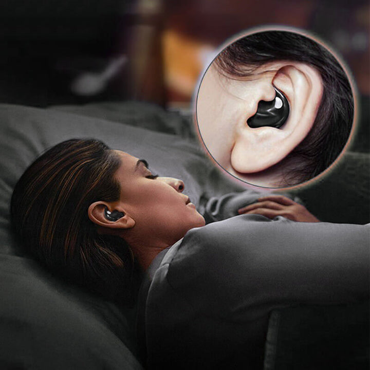 Person sleeping peacefully wearing the compact wireless sleep earbuds
