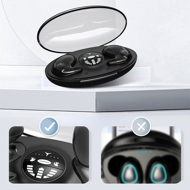 White wireless earphones paired with a smartphone displaying meditation audio