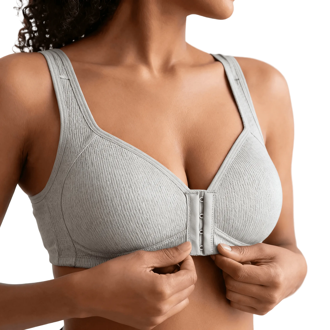 Plus size wireless comfort bra showing front closure detail
