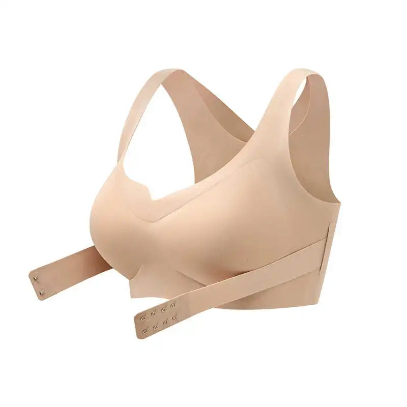 Beige wireless front closure posture support bra displayed on a white background
