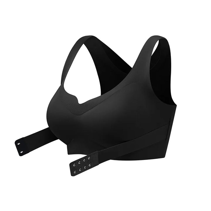 Black wireless front closure posture support bra displayed on a white background