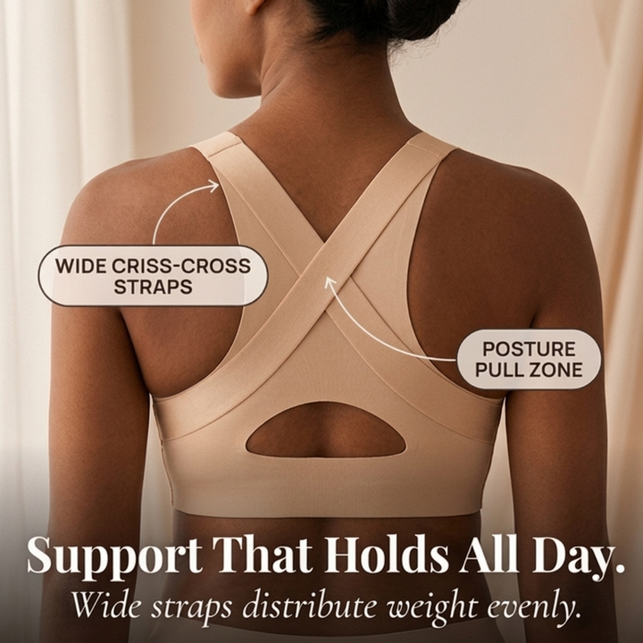 Detailed close-up of front hook and eye closure on a women's posture support bra