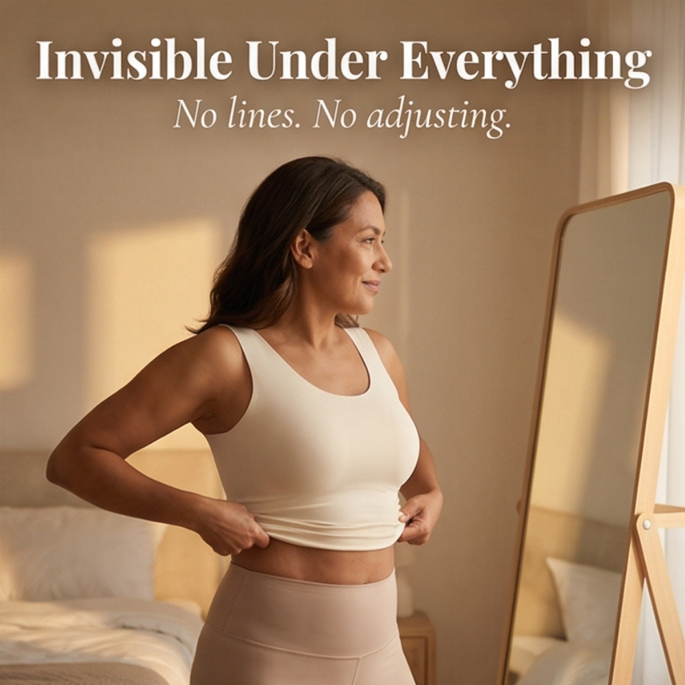 Back view of seamless wireless bra illustrating posture support crisscross panel