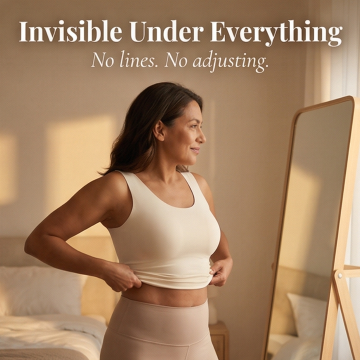 Back view of seamless wireless bra illustrating posture support crisscross panel