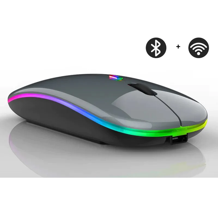 Metal Gray wireless LED mouse viewed from an angle showing glowing side strip and bluetooth icon