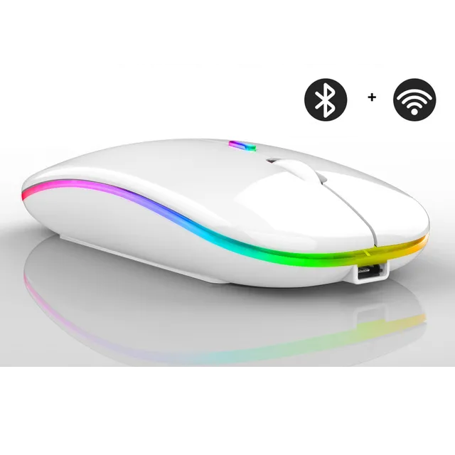 Mirror White wireless LED mouse featuring a glossy finish and vibrant rainbow light accent