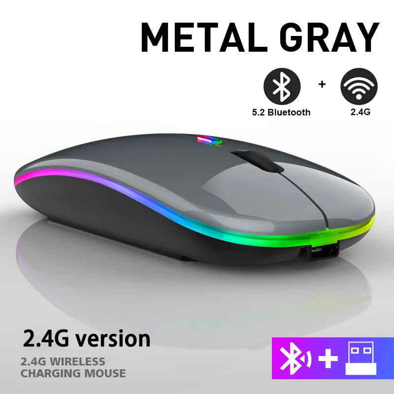 Wireless computer mouse glowing with vibrant LED lights in the dark