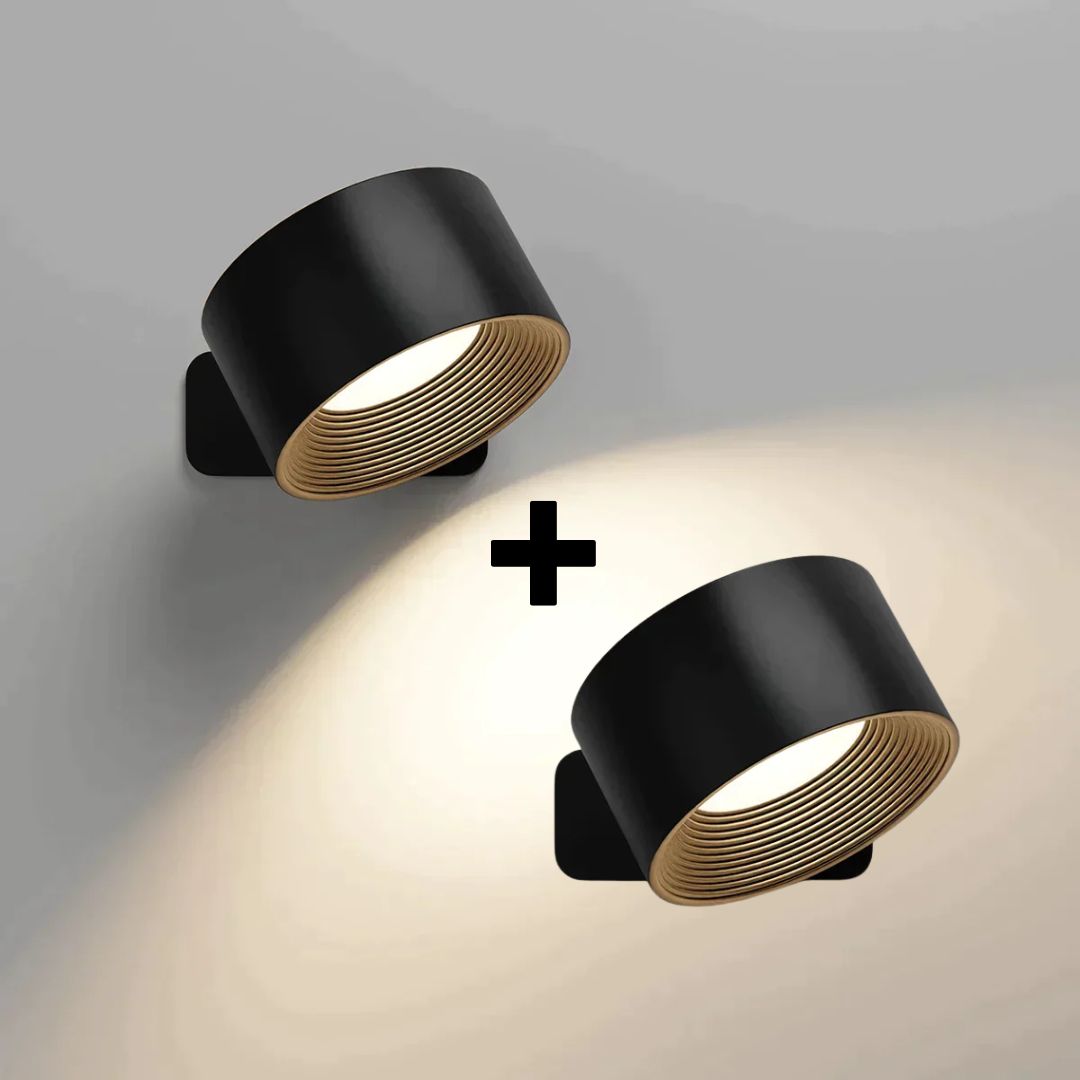 Black wireless LED wall light in a 1+1 free bundle showing directional lighting