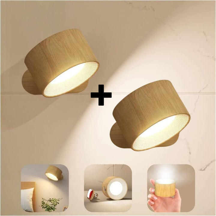 Wood finish wireless LED wall light shown with portable torch functionality