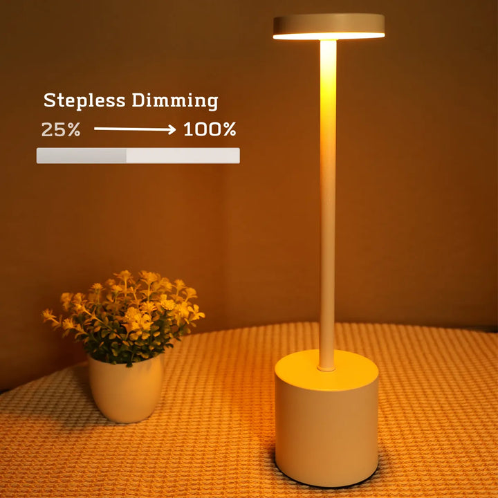 White wireless metal LED table lamp showing stepless dimming graphic