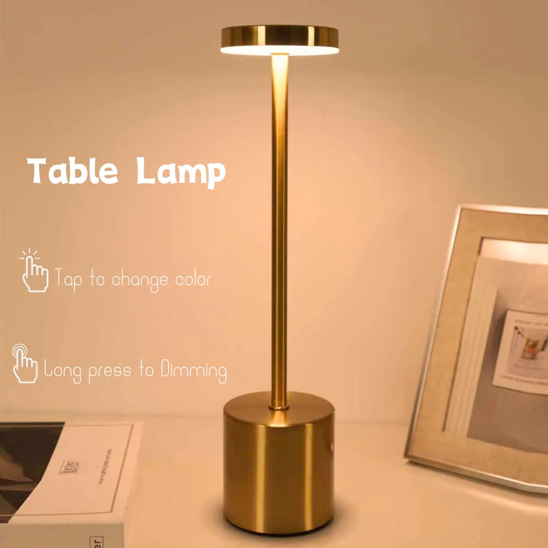 Modern touch lamp with portable design glowing softly in a cozy living room