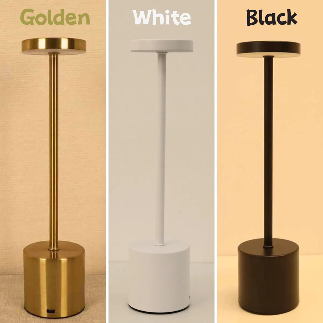 Outdoor lighting LED table lamp placed on a patio table during evening