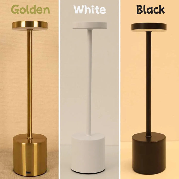 Outdoor lighting LED table lamp placed on a patio table during evening