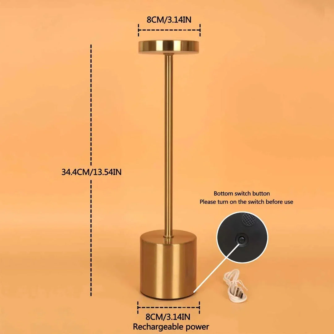 Rechargeable light fixture angled to highlight its minimalist metal shade