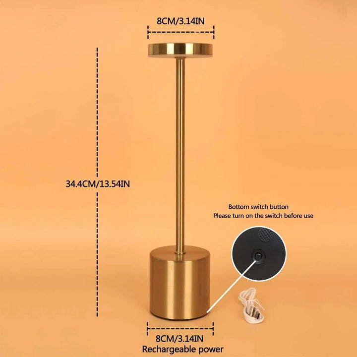 Rechargeable light fixture angled to highlight its minimalist metal shade
