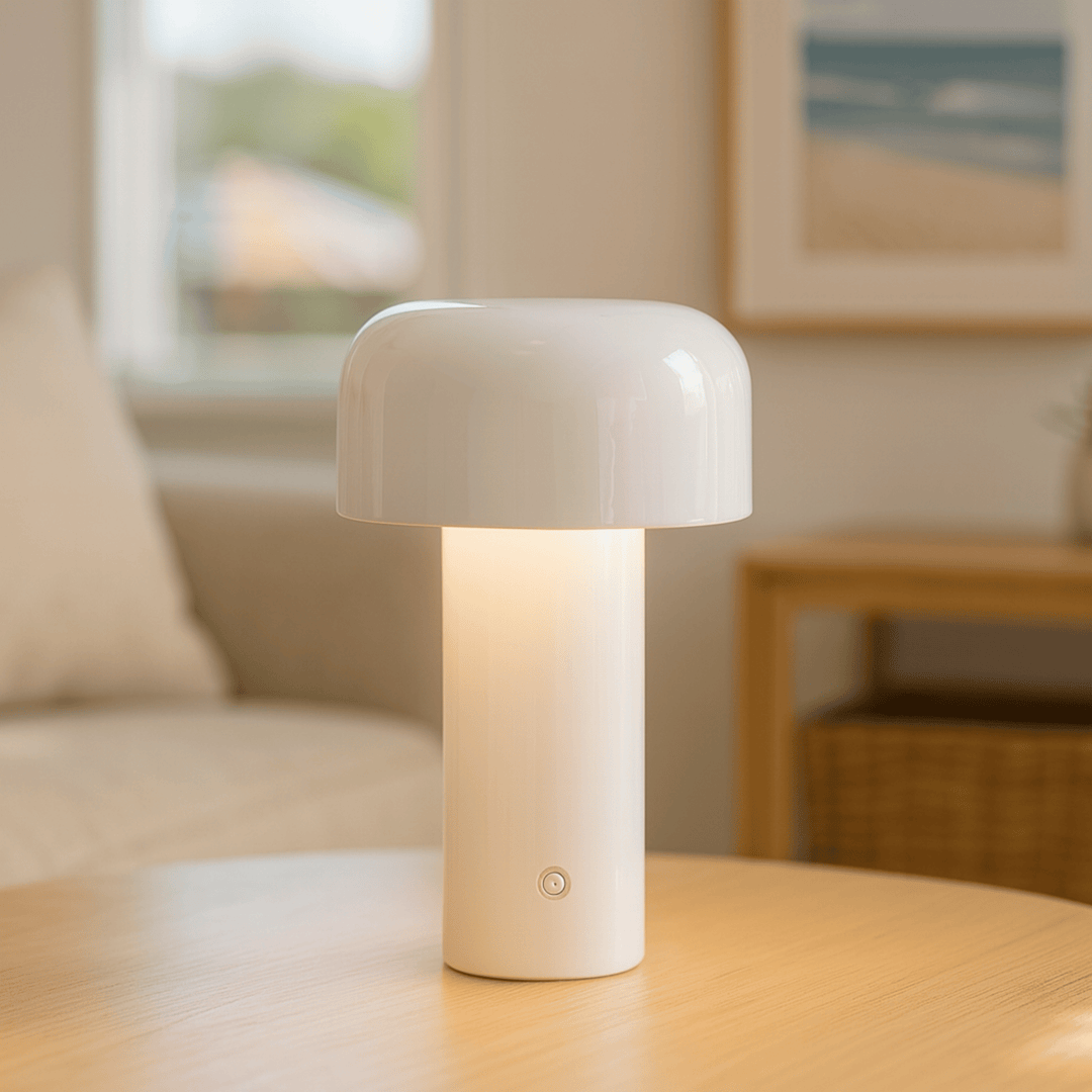 White wireless metal table lamp glowing on a wooden surface