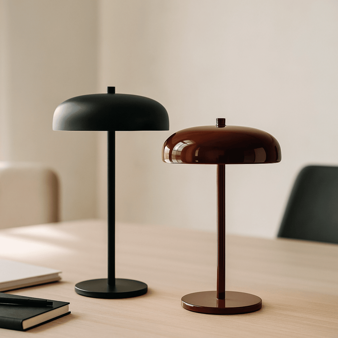 Metal table light angled to show the rechargeable base and charging port