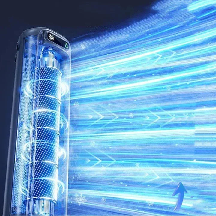 Close-up view of the cordless portable air conditioner showing its rotating grill and powerful airflow projection.