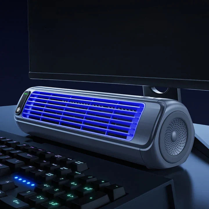 Bladeless personal cooling desk fan operating on a nightstand