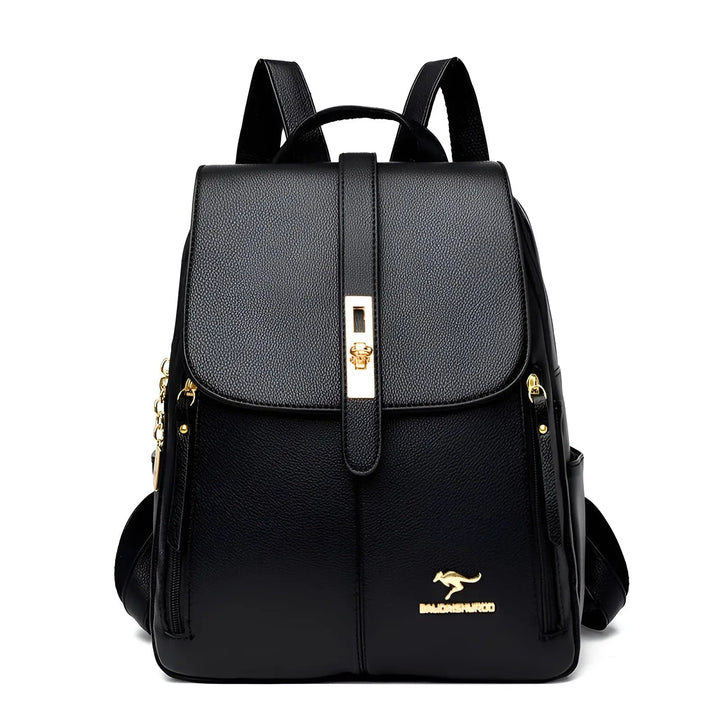 Women's Alena Luxury Daily Backpack in black showing side profile and zipper pockets