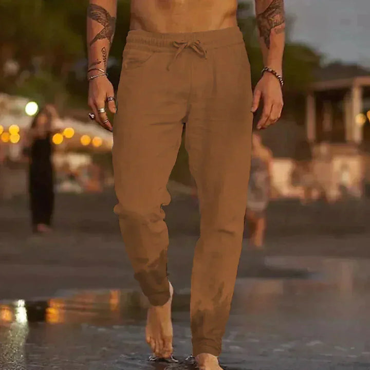 Back view of lightweight casual trousers showcasing tailored pockets