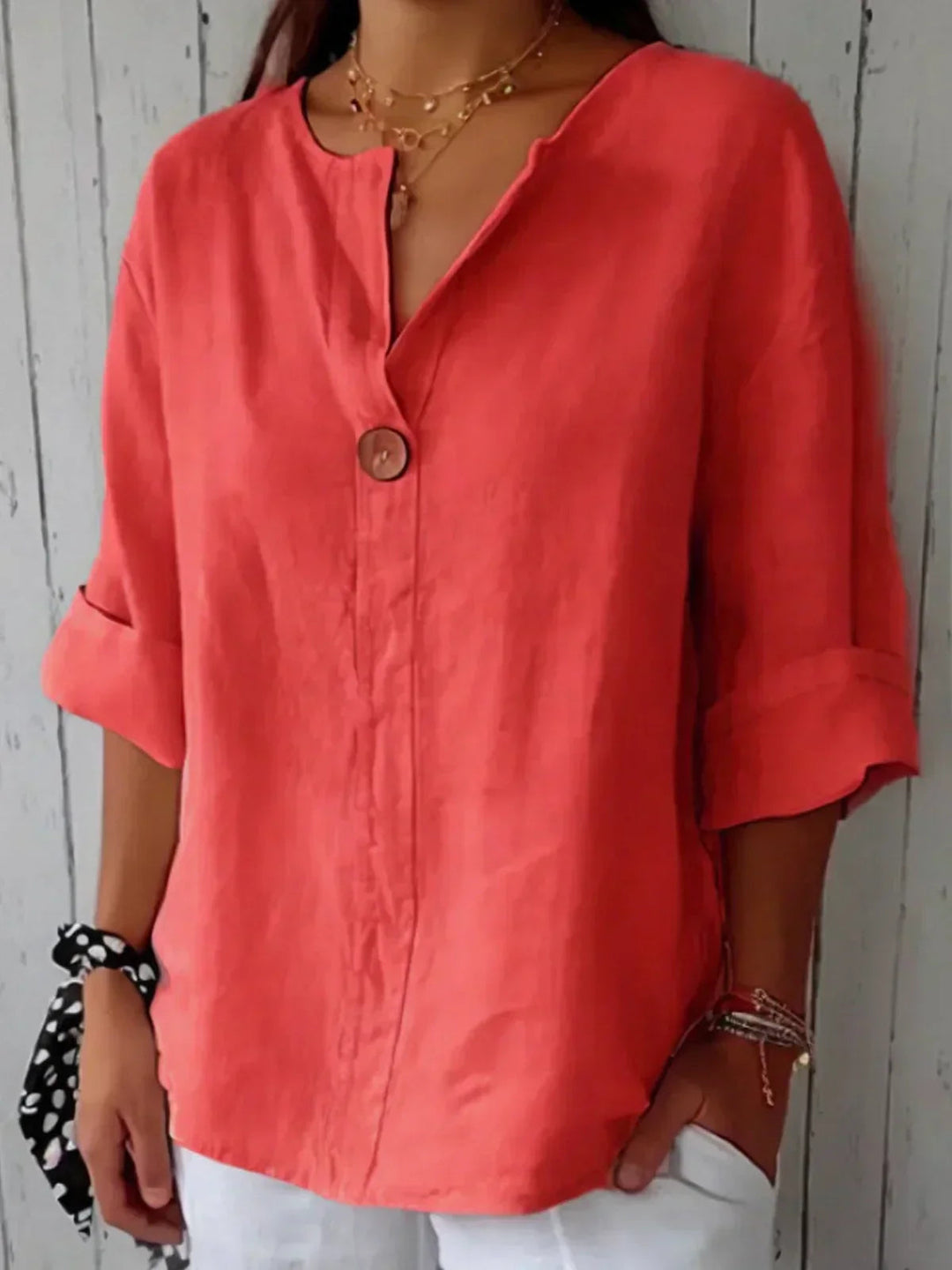 Women's V-neck button-down blouse in casual loose fit style
