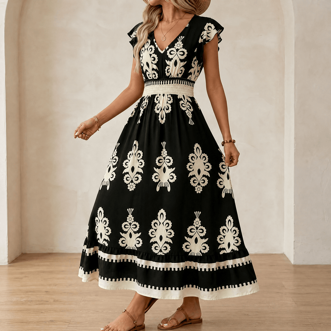 Woman wearing black baroque print maxi dress with v-neck