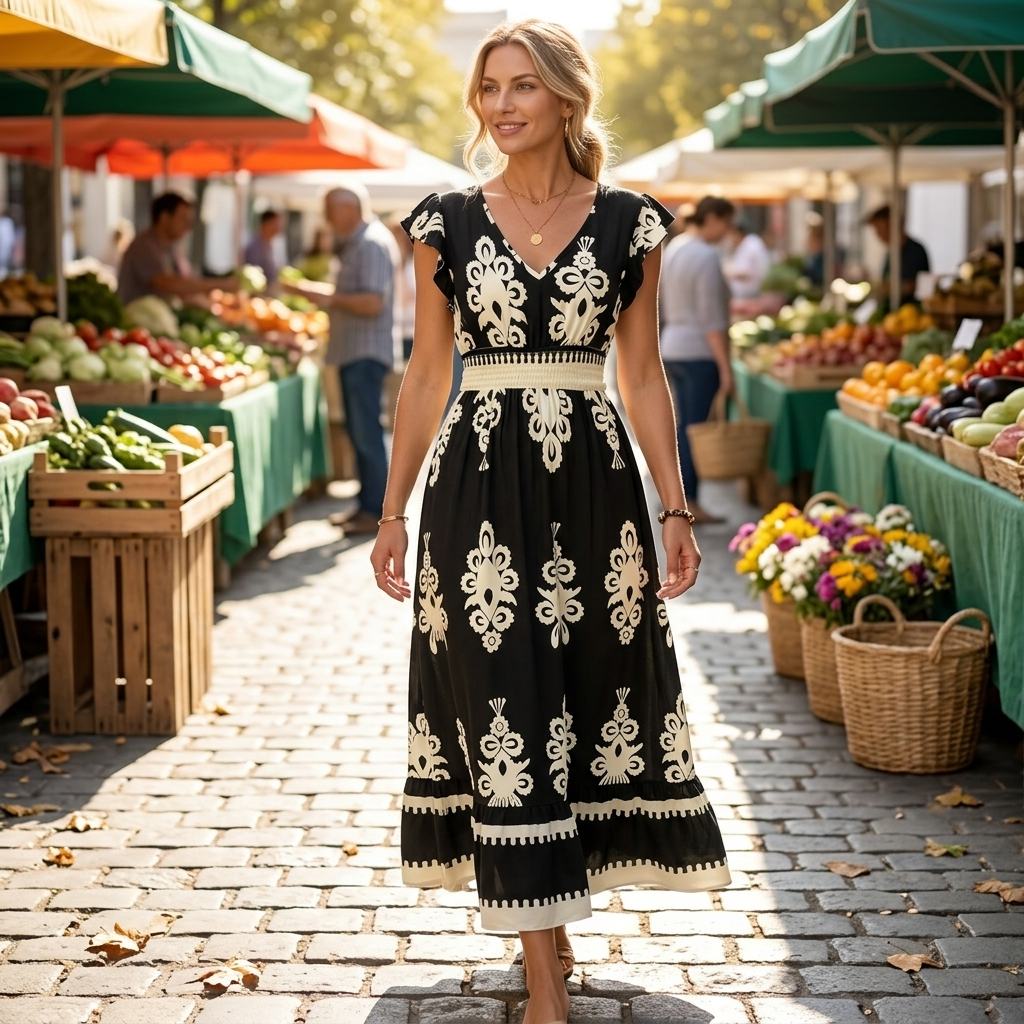 Flat lay of women's fashion baroque maxi dress with matching accessories