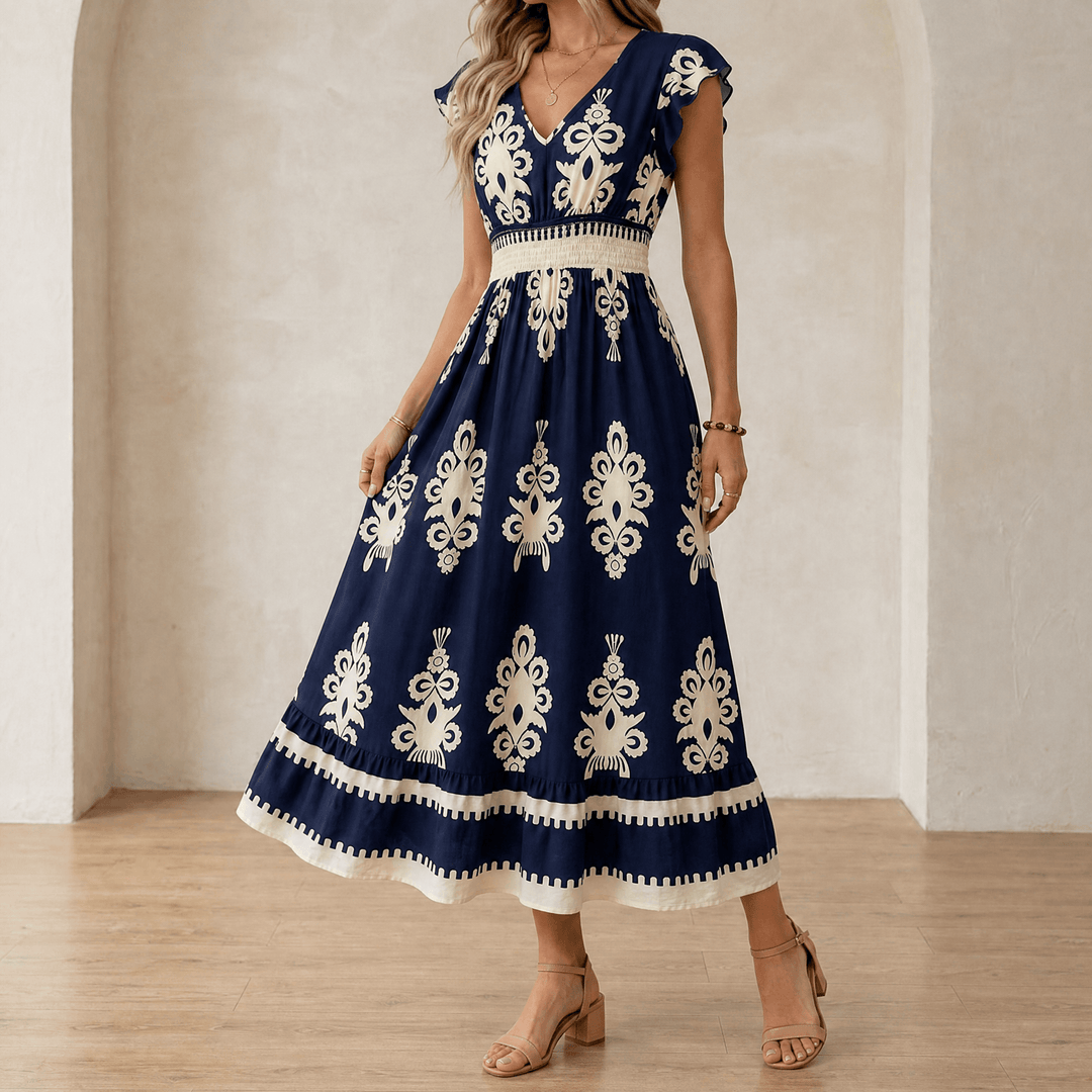Woman wearing navy blue baroque print maxi dress with ruffles