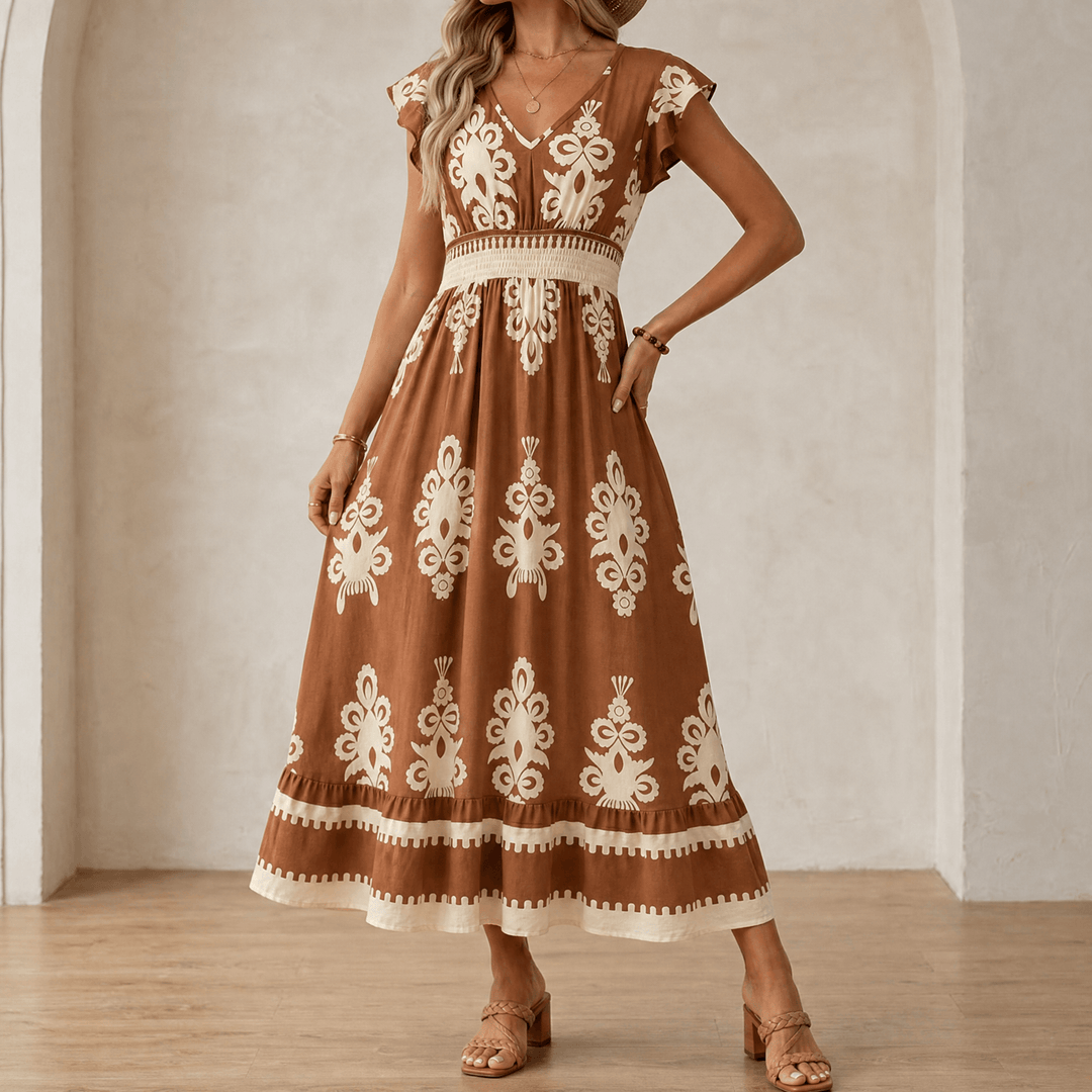 Women's baroque print maxi dress featuring short sleeves and elegant pattern