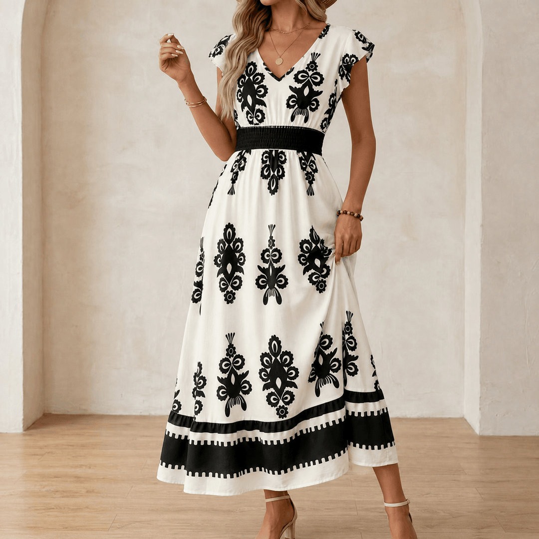 Close-up of the smocked waist and intricate baroque print on summer maxi dress