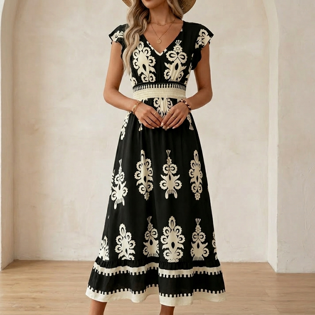 Back view of elegant women's vacation dress with flowing tiered hemline
