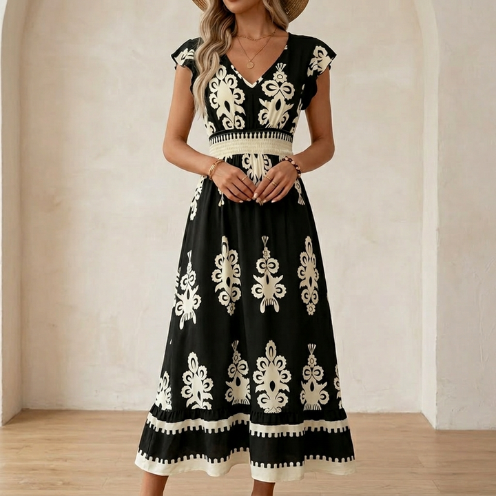Back view of elegant women's vacation dress with flowing tiered hemline